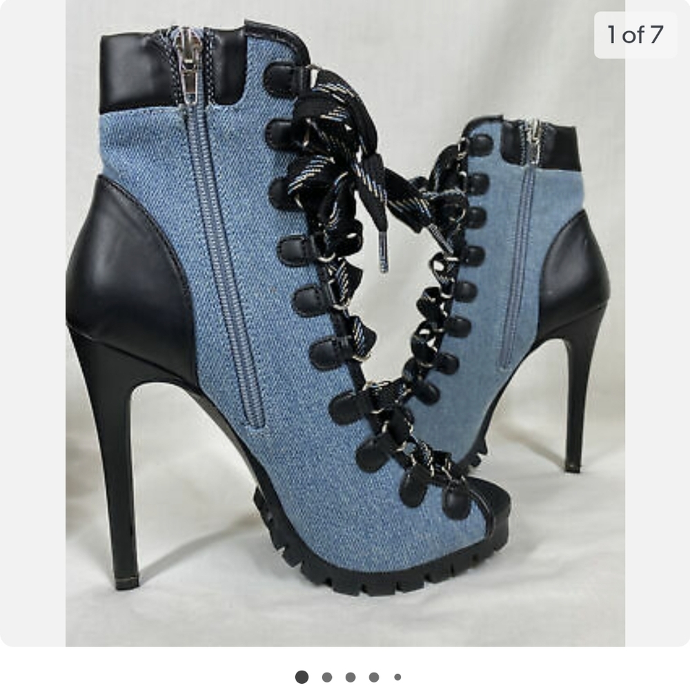 Steve Madden Fearless Fabric Peep Toe Mid-Calf Fashion Boots Black/Denim.